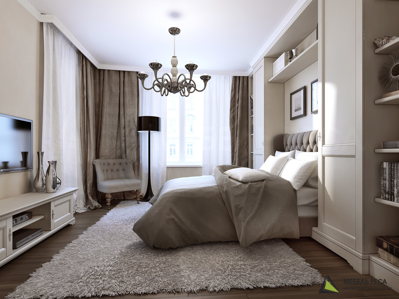 светлая спальная на заказ с крашенными фасадами МДФ эмаль